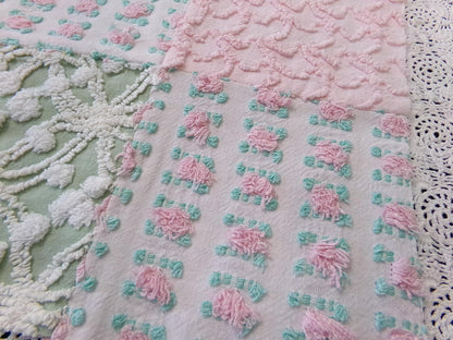 Vintage Patchwork Chenille Fabric Craft Panel, 16" Square, Cottage Style DIY Pillows
