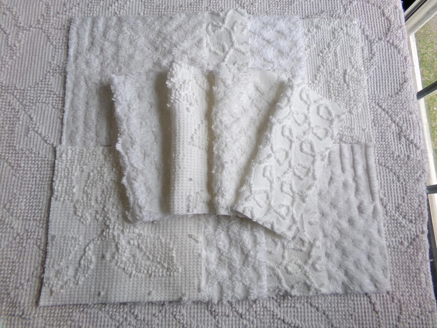white vintage 6" chenille squares, set of 12 quilt blocks in a classic selection of popular patterns for sewing & crafts