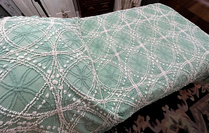 Vintage Chenille Bedspread Shabby Twin Jade Green White Spiderweb Starburst