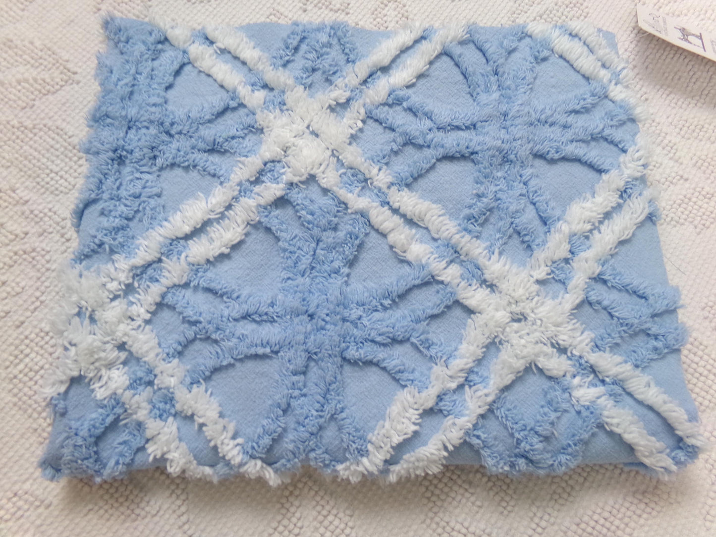 Vintage Chenille Fabric Baby Blue White Geometric Tufted Cottage Coastal Chic, 18" x 22"