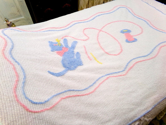 kitten vintage chenille coverlet, charming kitty cat chasing thread in pink, blue & white, cotton accent throw, 38"W x 56"L