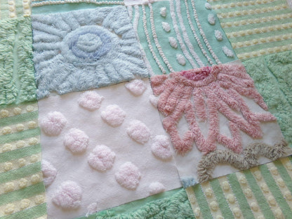 vintage 6" chenille fabric squares, garden path greens, set of 16 lovely craft blocks rotary cut from vintage chenille bedspreads