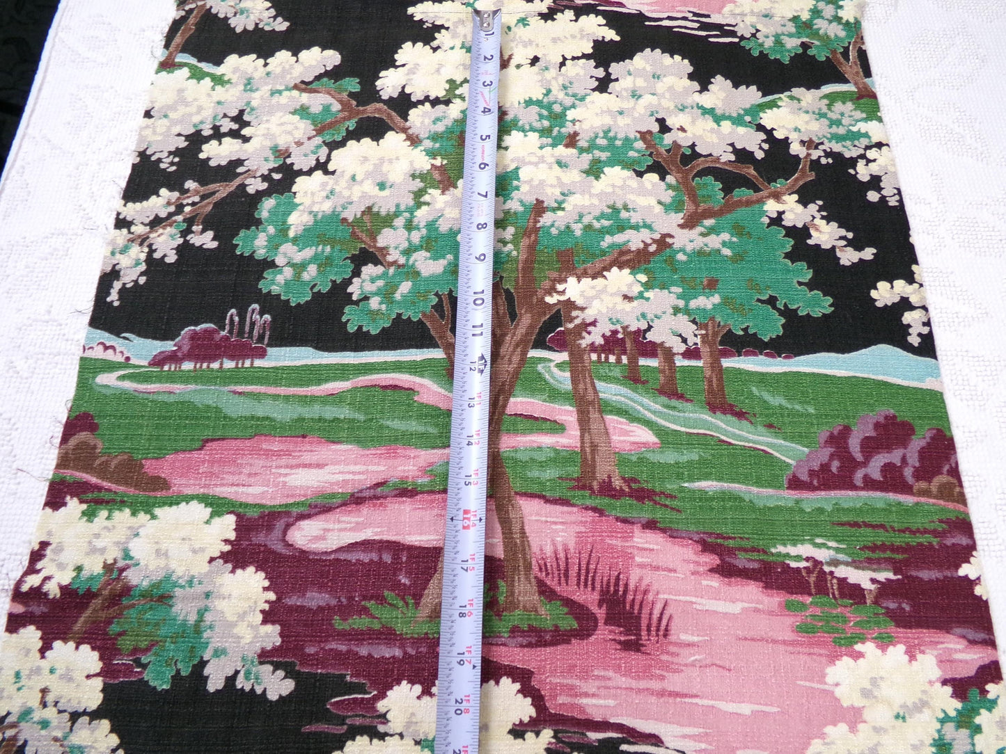 Moody Surreal Vintage Barkcloth Fabric Spooky Black Pink Mystic Winding Path, 20" x 35"