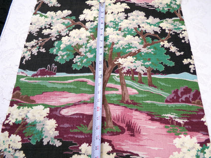Moody Surreal Vintage Barkcloth Fabric Spooky Black Pink Mystic Winding Path, 20" x 35"