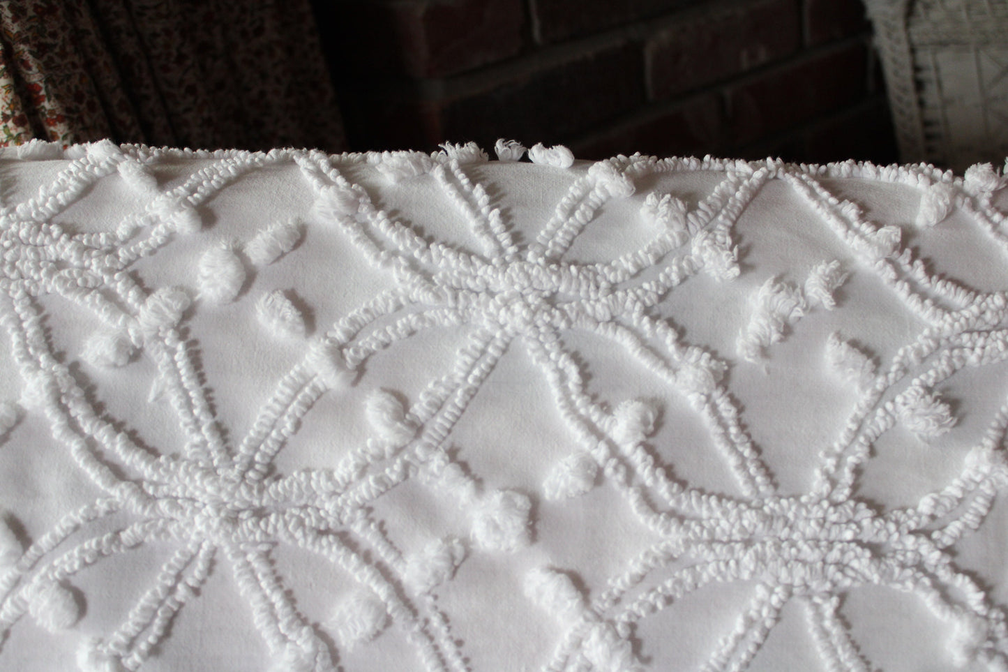 Classic White Vintage Chenille Fabric in Wedding Ring Pops Design, 20" x 25" Inch Piece, Versatile in Pillows, Quilts & Crafts