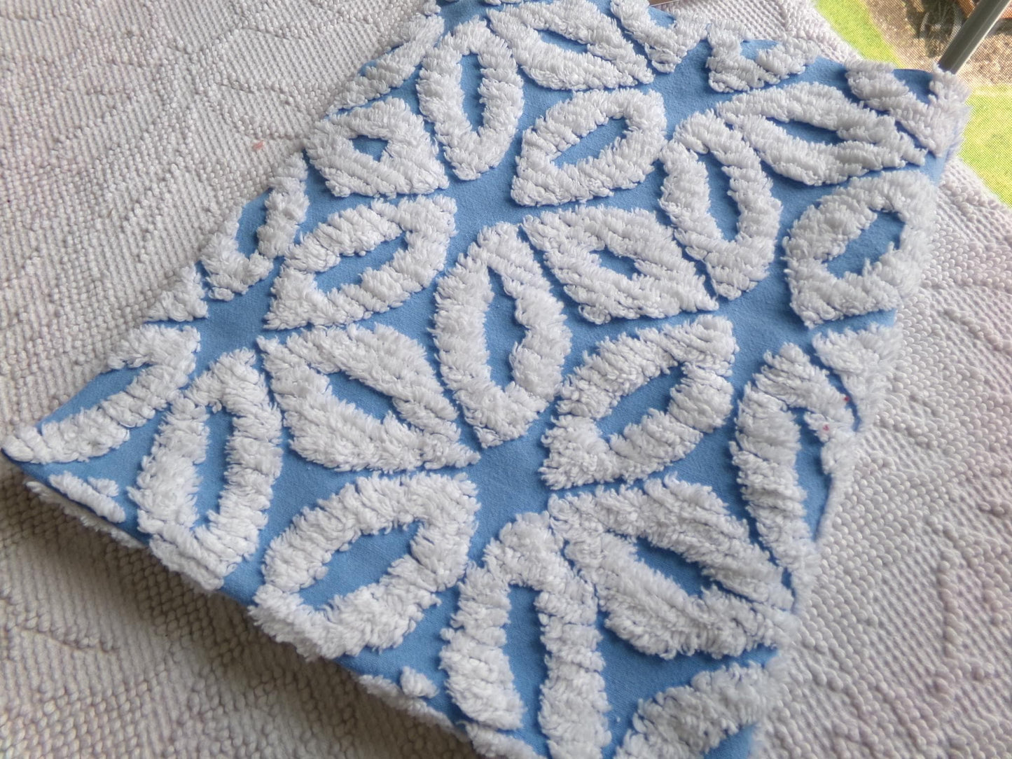 boho blue daisy vintage chenille bedspread fabric, white tufted daisies, 18" x 23"