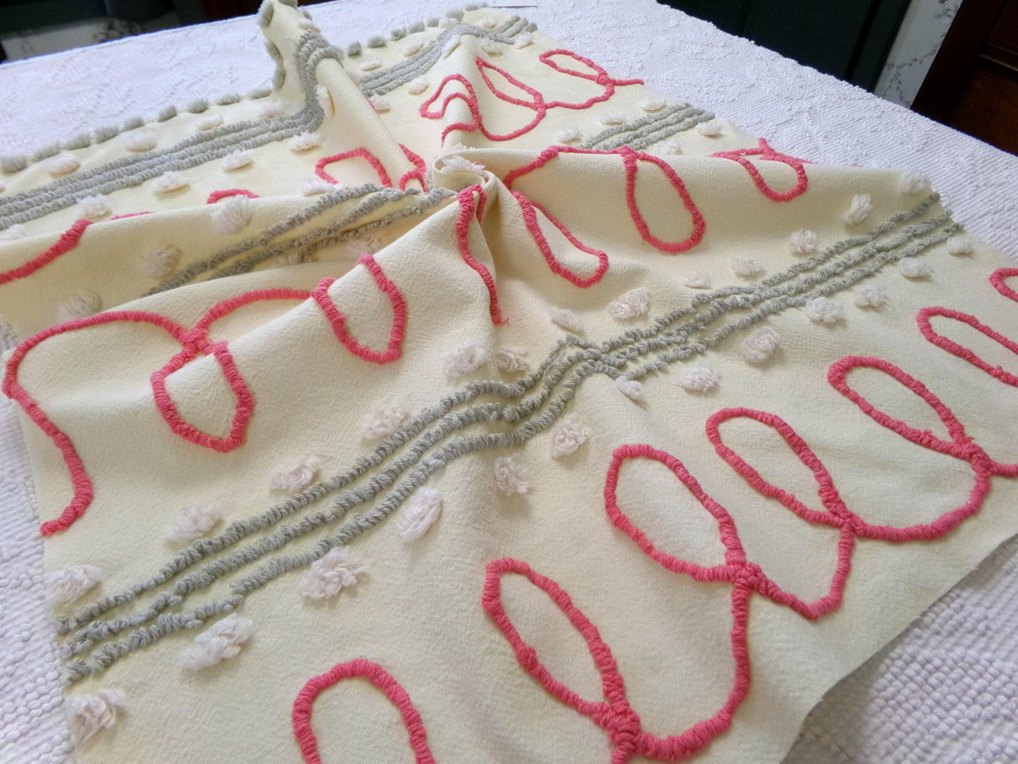 doodle dots vintage chenille bedspread fabric, yellow & red quilt sewing material, 23" x 21" piece