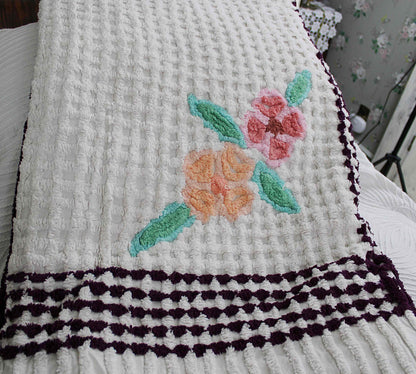 Simple Plush White Vintage Chenille Bedspread, Tropical Flowers on Waffle Tufts, Full Size
