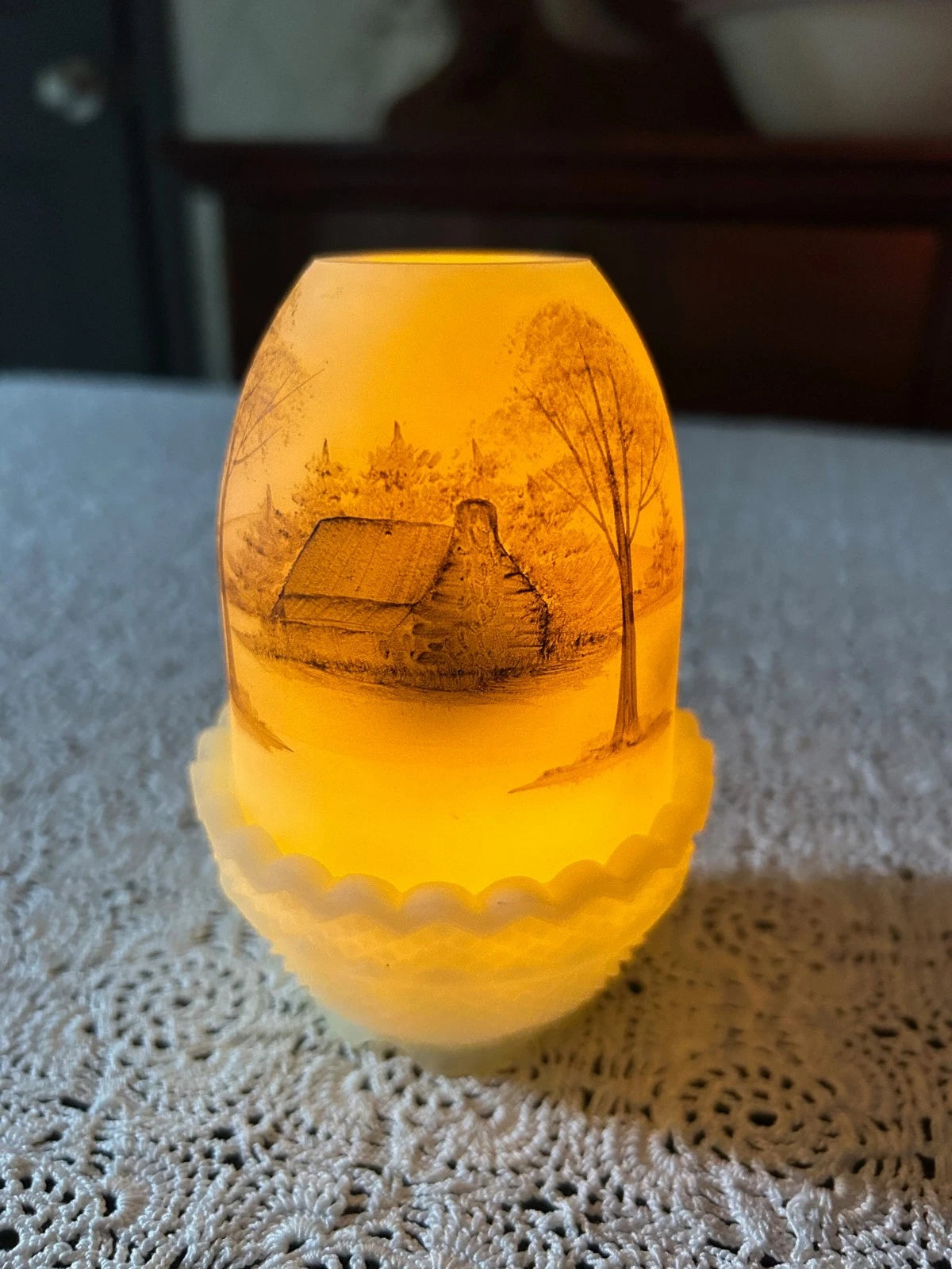 Vintage Fenton Fairy Lamp Secluded Log Cabin Country Hand Painted Artist Signed
