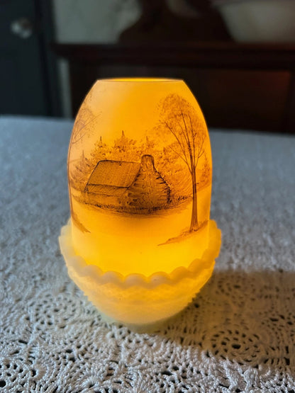 Vintage Fenton Fairy Lamp Secluded Log Cabin Country Hand Painted Artist Signed
