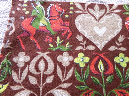 vintage barkcloth fabric in dutch country colonial style shadow print with people, hearts, birds, apple trees, houses, 16" x 22" inch piece