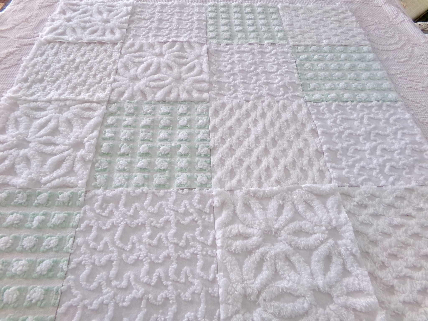 winter rose chenille fabric squares, white rosebud, daisy & geometric mix, vintage craft square set of 16 quilt blocks, 6" x 6" inch