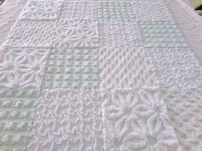 winter rose chenille fabric squares, white rosebud, daisy & geometric mix, vintage craft square set of 16 quilt blocks, 6" x 6" inch