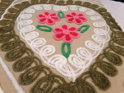 Vintage Chenille Bedspread Fabric Piece, Mocha Chocolate Cherry Floral, 24" x 23"