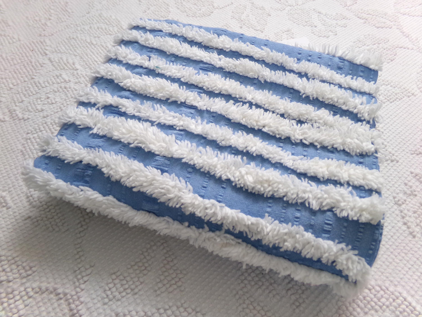 Trendy Coastal Blue & White Striped Vintage Chenille Fabric, Craft Quilt Material, 16" x 27" Piece