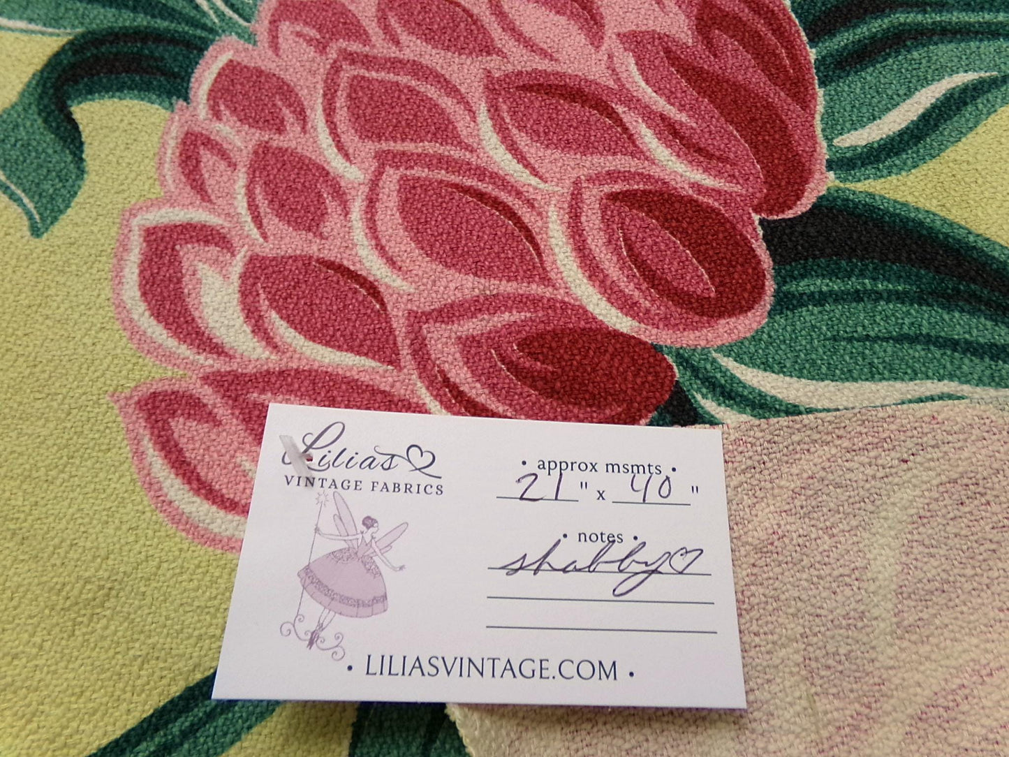 Vintage Barkcloth Fabric, Bold Pink Ginger Bloom Florals, Gray Tropical Elephant Ears 21" x40"