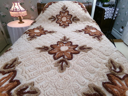 hazelnut coffee floral vintage chenille bedspread, full size luxury bedding with an integrated skirt, boxed & fitted design, boho retreat