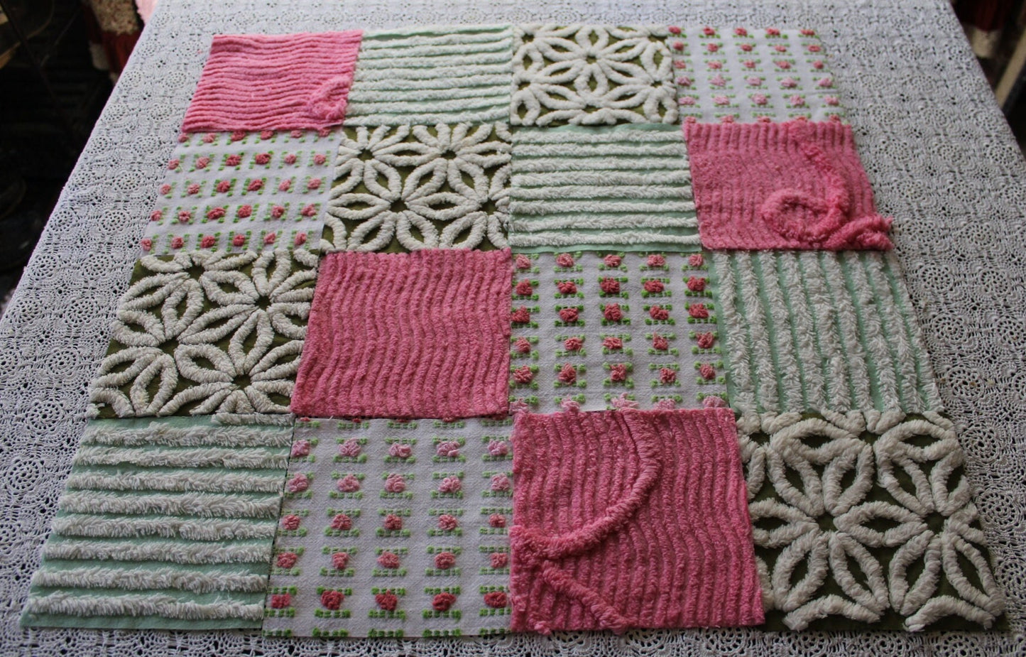 boho daisy rose vintage 6" chenille fabric squares, set of 16 textured quilt blocks in olive green, rosy pinks & white for sewing, crafts