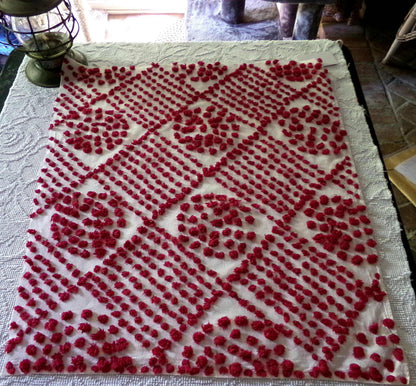 Magical "Ruby Slippers" Red Antique Chenille Fabric, 21" x 26" inch Piece, Vintage Handtuft Diamond Circle Puffs in Red Wine on White Cotton