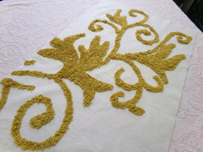 Vintage Gold & White Chenille Fabric: Sophisticated Scroll Design Modern Style Textile Craft Quilting Material, 17" x 27" Piece