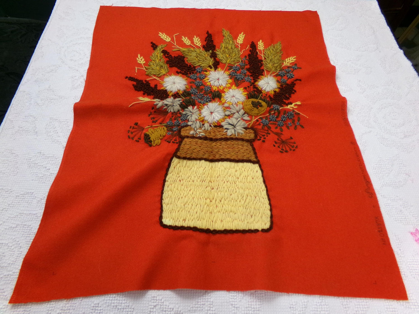 WINTER BOUQUET Completed Crewel Embroidery Piece, Vintage Paragon Needlecraft 0307, Boho Floral Wall Art