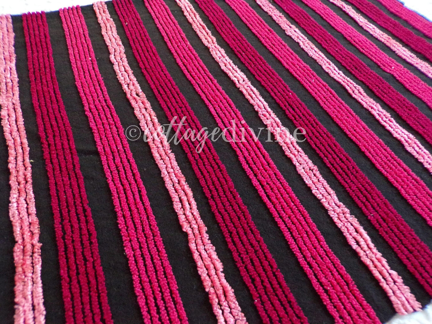 Pink on Black Stripes Vintage Chenille Fabric in Multisize Striped Pattern, 20" x 24" Piece, Shabby Chic Lightweight Cotton