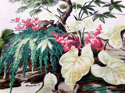 Polynesian Paradise Vintage Barkcloth Fabric Panel Shabby Tropical Garden Fantasy 23" x 28"