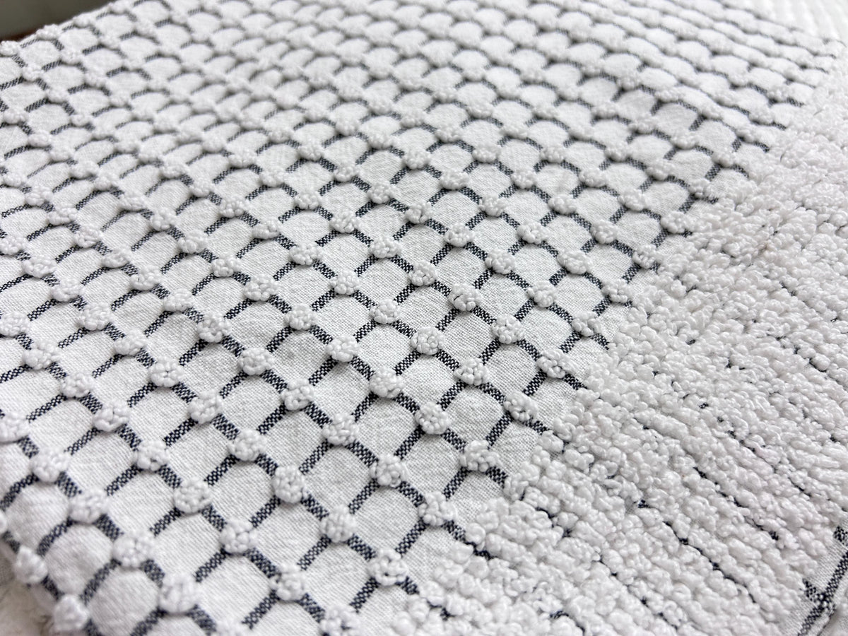 Black & White Vintage Chenille Fabric, Micro Grid Pops, Shaggy Edge Trim 20x20"