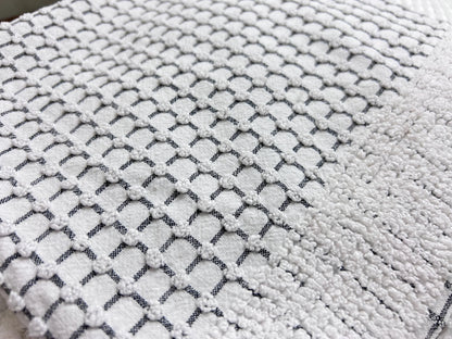 Black & White Vintage Chenille Fabric, Micro Grid Pops, Shaggy Edge Trim 20x20"