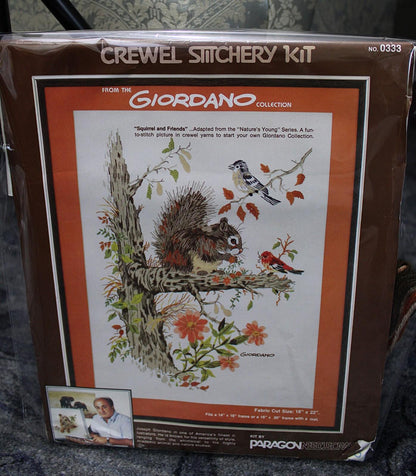 SQUIRREL and FRIENDS Vintage Crewel Embroidery Kit Paragon Stitchery 0333 Giordano