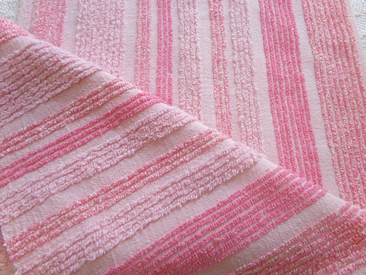 multisize pink striped vintage chenille fabric, ultra lightweight 18" x 24" piece of sewing material w/ variegated stripe lines