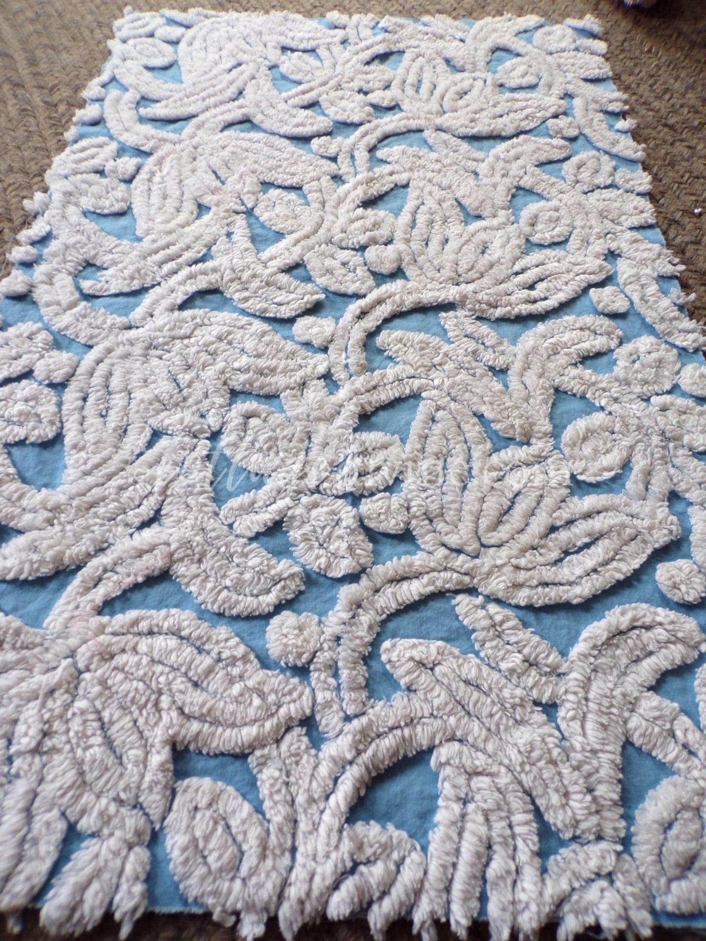 Plush Tufted Tulips Vintage Chenille Fabric, Sky Blue & White, 20" x 31" Inch Piece, Beautiful in Quilts, Pillows