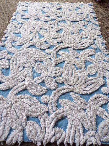 Plush Tufted Tulips Vintage Chenille Fabric, Sky Blue & White, 20" x 31" Inch Piece, Beautiful in Quilts, Pillows