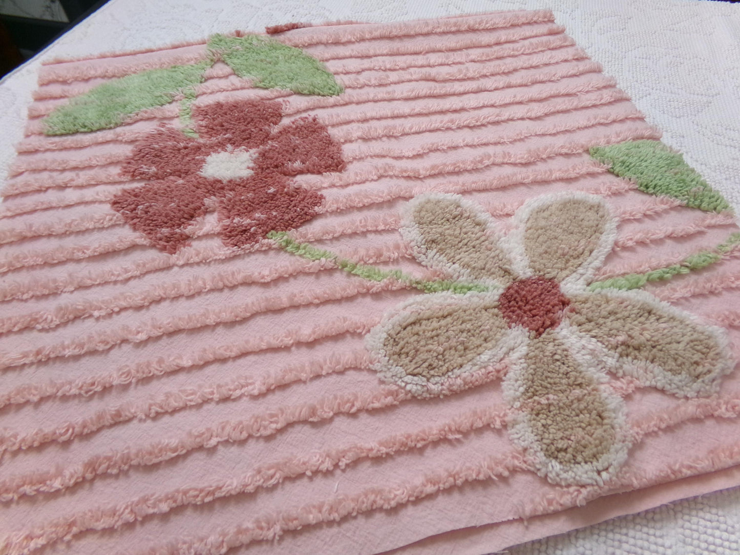pink vintage chenille bedspread fabric, rambling floral vine sewing craft material 19" x 36"