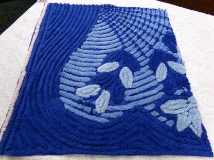 vintage chenille bedspread fabric, mystic blue fan floral sewing material, 22" x 21" piece