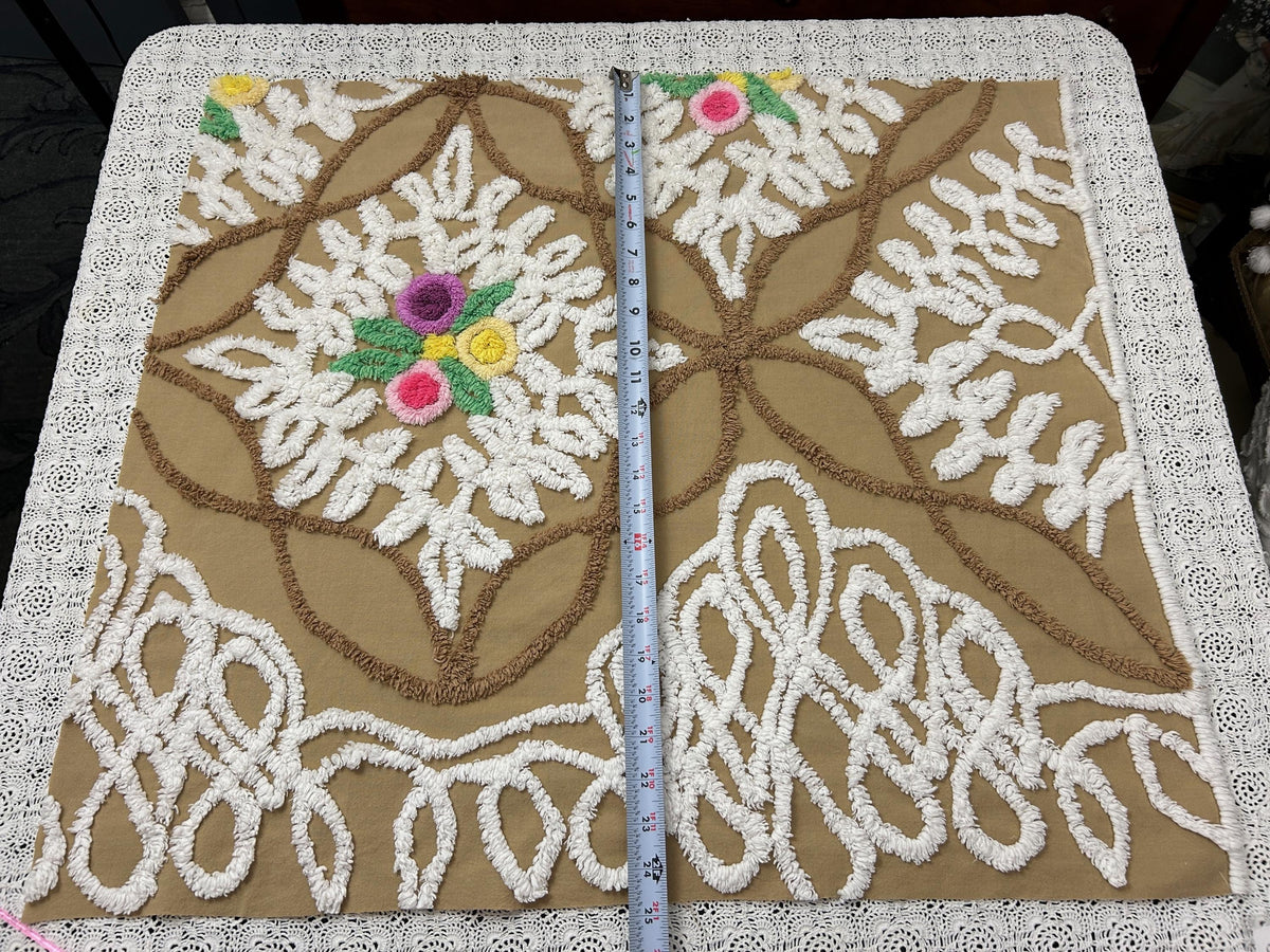 Sculpted Vintage Chenille Fabric 27x24" Piece Chocolate Brown & White