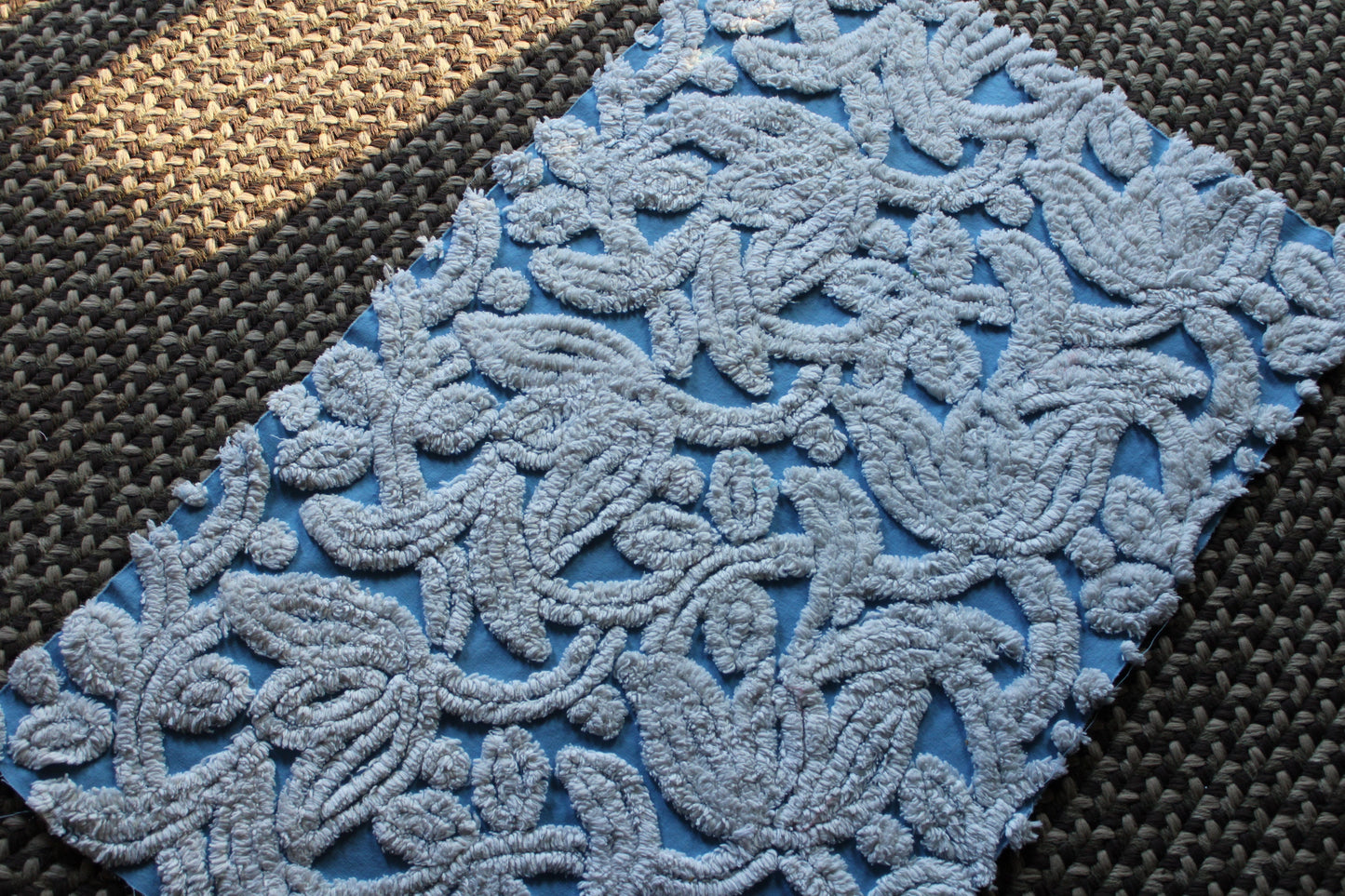 Plush Tufted Tulips Vintage Chenille Fabric, Sky Blue & White, 20" x 31" Inch Piece, Beautiful in Quilts, Pillows