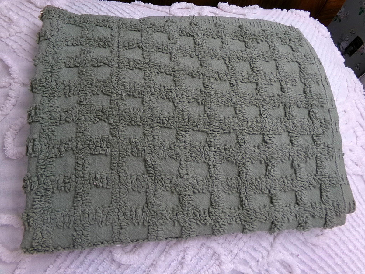 Simple Sage Squares Vintage Style Chenille Fabric, Grid Design, 18x24" Piece