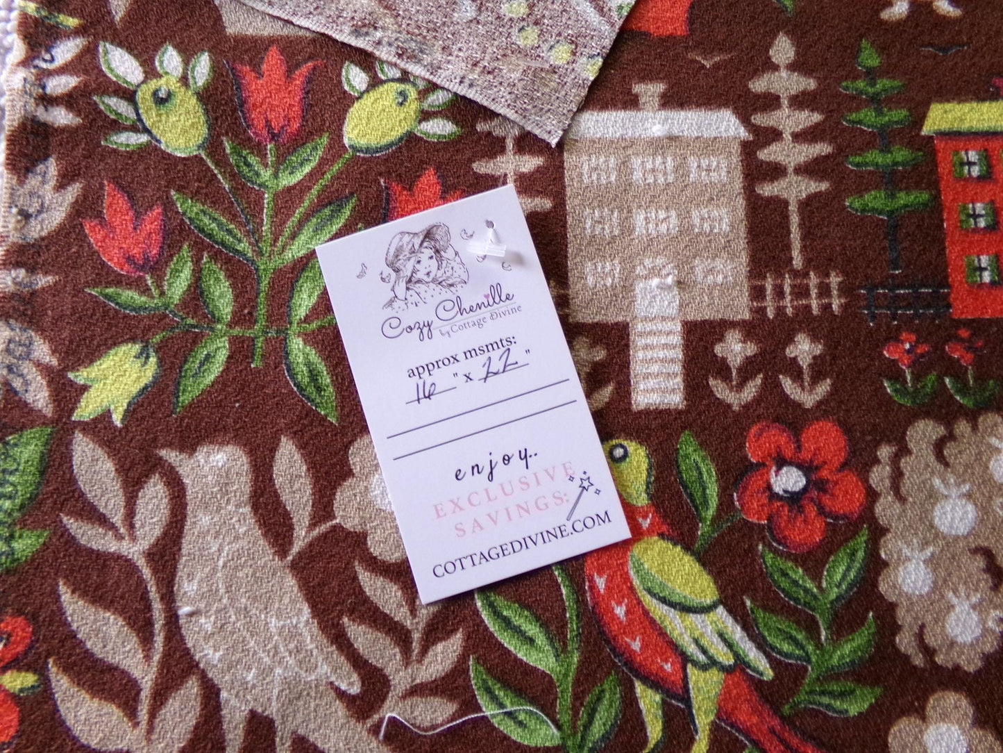 vintage barkcloth fabric in dutch country colonial style shadow print with people, hearts, birds, apple trees, houses, 16" x 22" inch piece