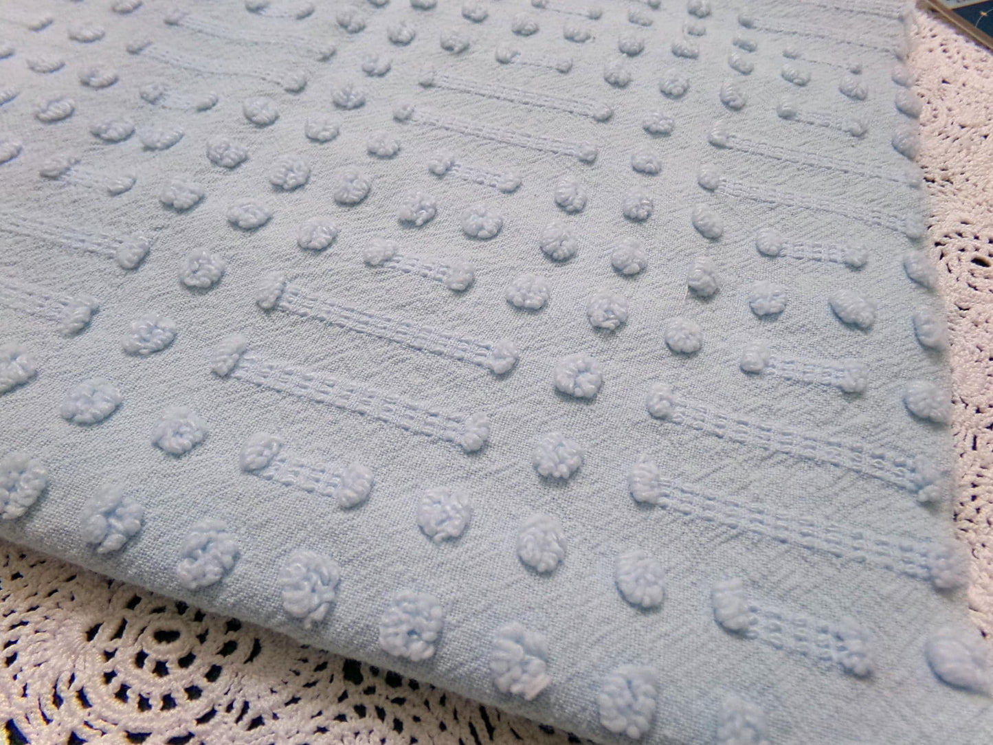 Light Blue Vintage Chenille Fabric, Polka Dot & Dash Design, 18x24" Piece