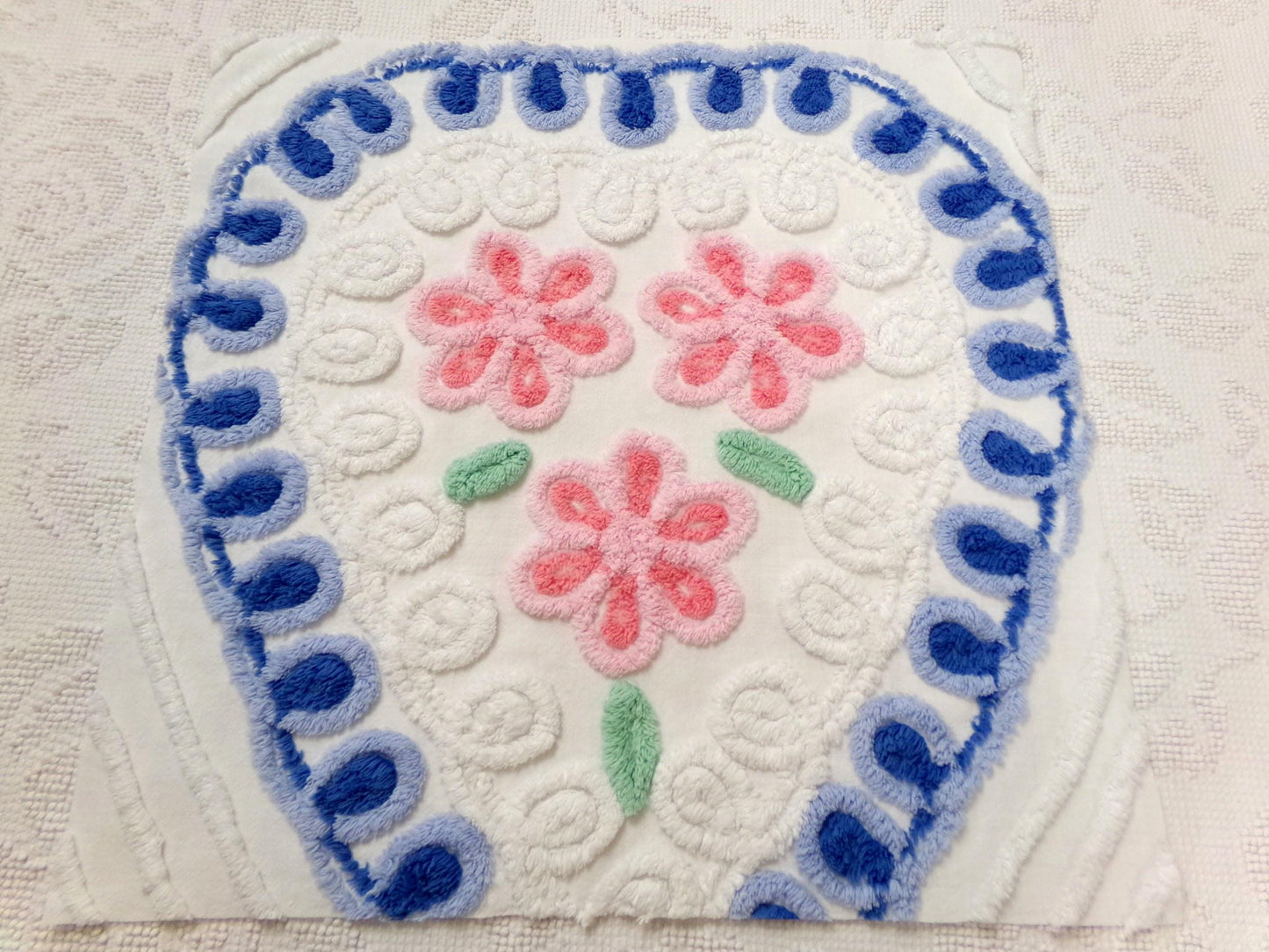 Sweetheart Floral Vintage Chenille Fabric, Pink & Blue Sewing Material 17.5" x 17" Piece