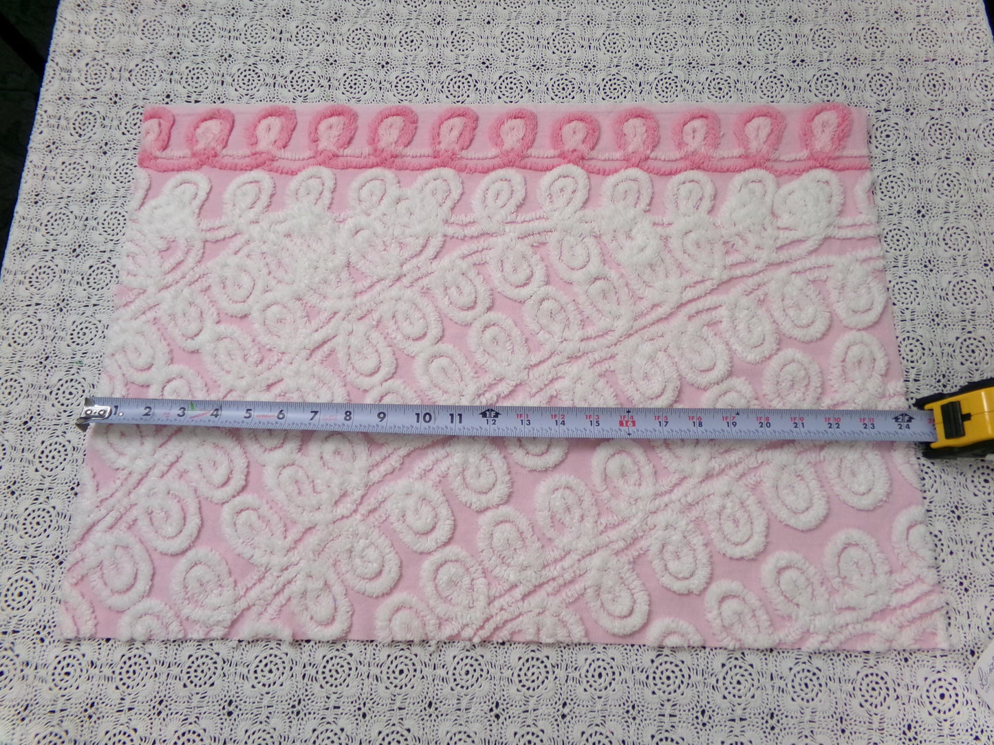 Cute Curlicues Vintage Chenille Fabric, Pink & White 16" x 23" piece