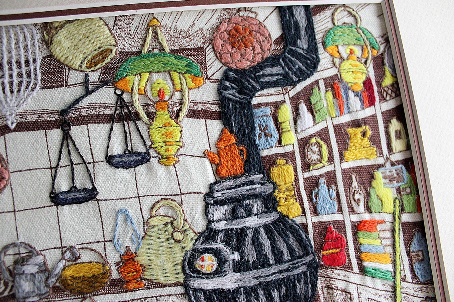 Old-Fashioned Country Store Crewel Embroidery Piece, "Penny Candy" Completed Stitchery, Vintage Paragon Needlecraft, Outstanding Needlework