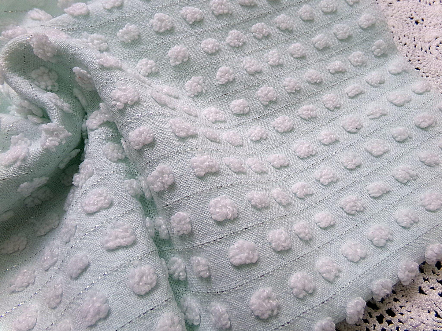 vintage chenille bedspread fabric cool aqua white pops silver lurex 18x24"