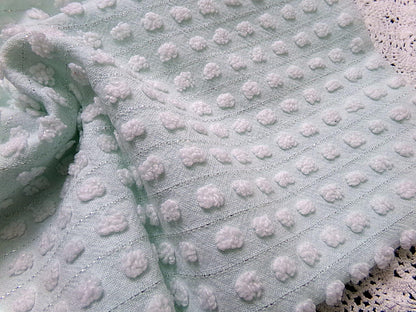 vintage chenille bedspread fabric cool aqua white pops silver lurex 18x24"