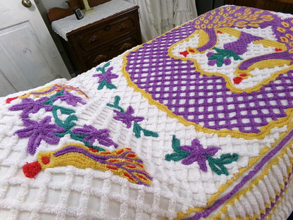 Vintage Chenille Bedspread Double Peacock Purple Gold White, Full Size