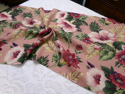 Vintage Barkcloth Fabric Mauve Tropical Hibiscus Floral Island Cottage Shabby 17x36"