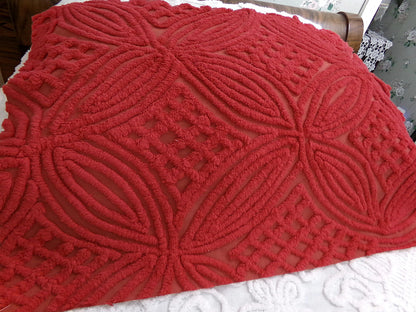 Vintage Chenille Bedspread Fabric Cherry Red Craft & Sewing Material 18" x 25"