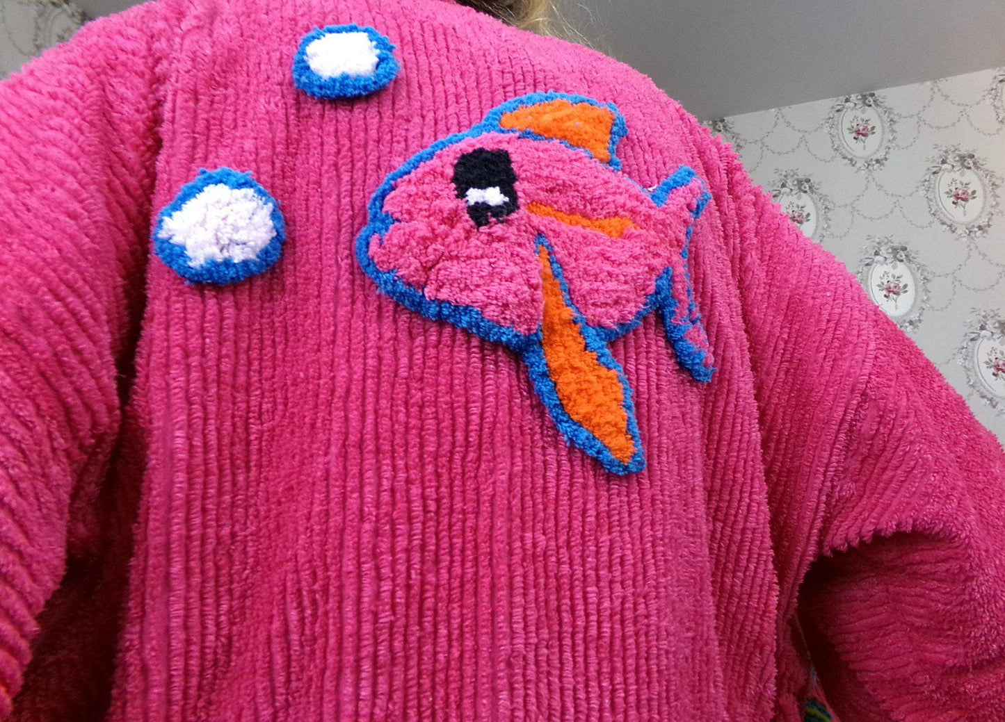 Canyon Group Vintage Chenille Robe, Pink Tropical Fish Short Beach Coverup Bathrobe Kimono Sleeves, M/L