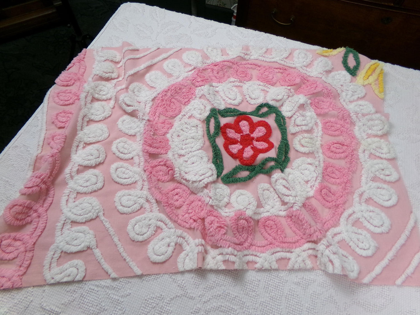 shabby pink vintage chenille fabric, cake frosting floral curlicues, 20" x 31"